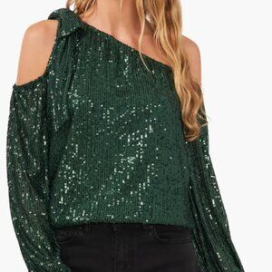 Sequin One Shoulder Top, Emerald Green, Size Medium